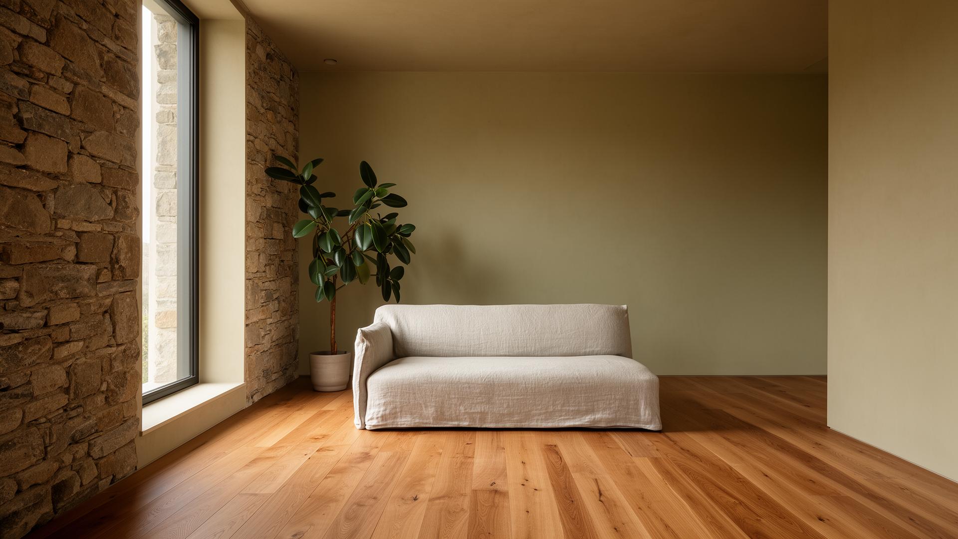 Interior with stone wall, oak floor, and a single linen sofa
